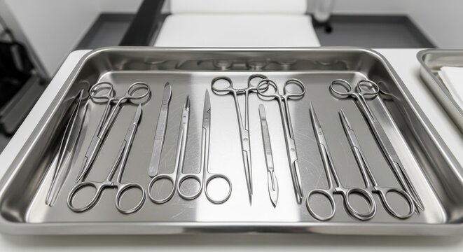 Surgical Instruments Displayed on Stainless Steel Tray in Medical Setting