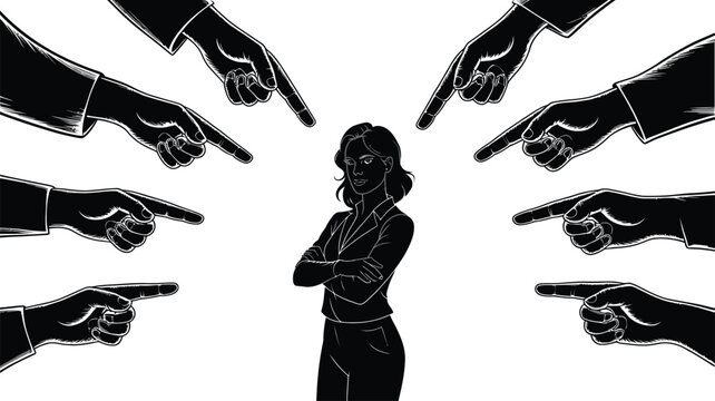 Woman stands with arms crossed while many hands point accusations towards her