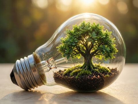 Arbre verdoyant &agrave; l'int&eacute;rieur d'une ampoule lumineuse transparente symbolisant l'&eacute;nergie verte, la nature et le d&eacute;veloppement durable