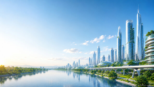 Futuristic green city skyline with skyscrapers along a calm river at sunrise