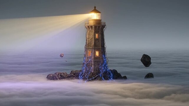 Mystical lighthouse emerges from ethereal clouds, guiding ships through foggy seas with its radiant beam of light