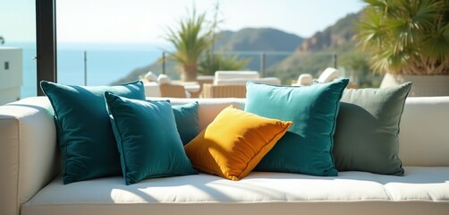 Naklejka premium Plush teal and gold velvet pillows adorn a white sofa on a sunny terrace with ocean views. Outdoor lounge area offers a serene, elegant, comfortable space.