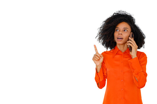 Black woman talking on smartphone, pointing up, sharing communication, innovation, and surprise, cut out on transparent background
