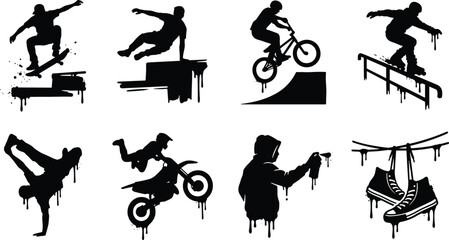 Naklejka premium Urban Extreme Sports Black Silhouette Collection Featuring Skateboarding BMX Motocross Breakdance Graffiti Artist and Street Lifestyle Elements
