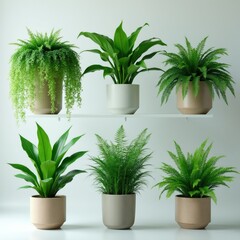 Fototapeta premium Group of potted ferns and leafy plants arranged on shelves and surface. Rich green foliage adds natural beauty to home decor. Various green house plants provide fresh indoor air.