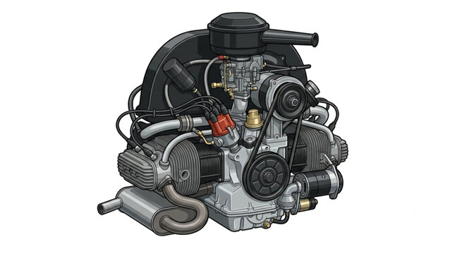 Classic Air Cooled Boxer Engine Mechanical Vector Illustration