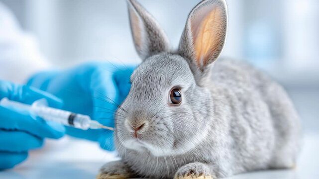 Close up of scientist hands in blue gloves giving syringe injection to small gray rabbit. Laboratory vaccine testing experiment, medical research or veterinary treatment concept. Blurred background