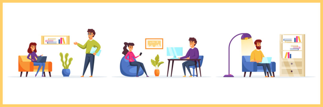 Diverse People Working from Home, Coworking, and Office Spaces