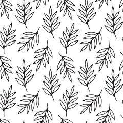 Fototapeta premium Black and White hand drawn geometric leave branch seamless pattern.
