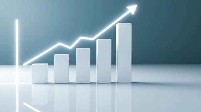 3d bar chart with glowing white bars and upward arrow on blue background