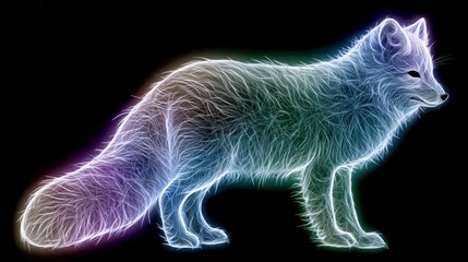 Naklejka premium An arctic fox in side view with outlines of neon fur strands. It glows with colors against a black background.