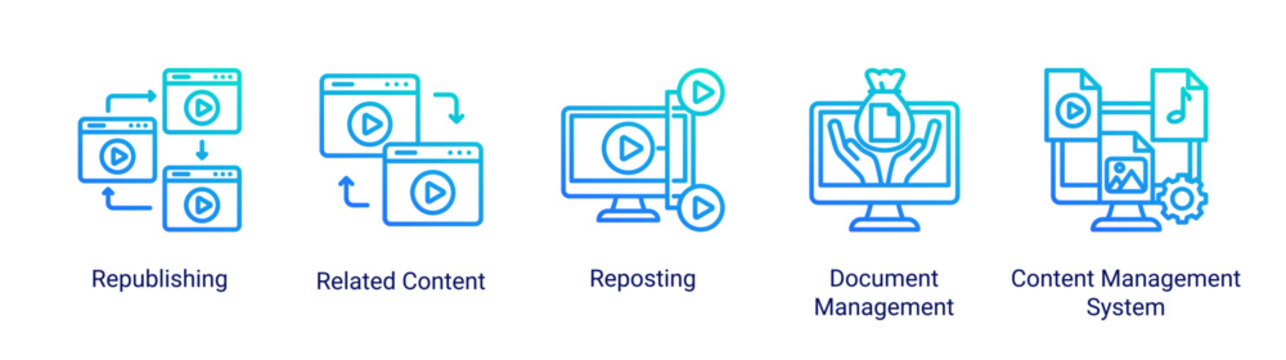 Content Delivery icon set featuring content distribution,reuse,and document organization across digital platforms.