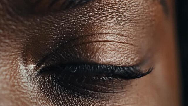 Macro view of dark skinned human eye with red iris