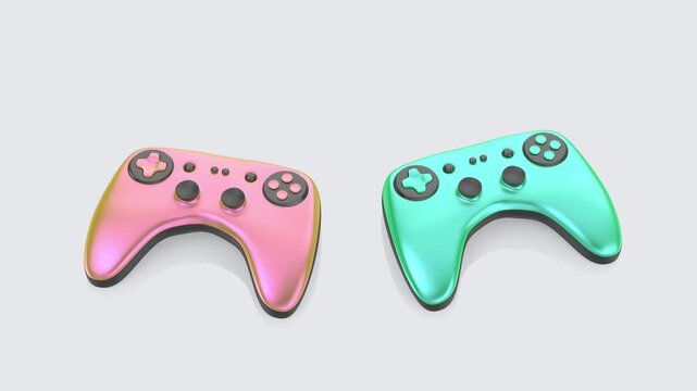 Wireless game controllers with different colors on shiny light grey background