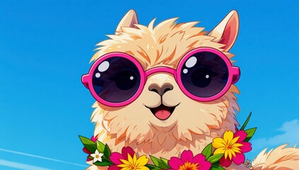 Obraz premium Happy Llama Wearing Pink Sunglasses and a Floral Lei in a Bright Sunny Summer Setting