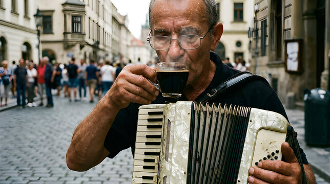 Senior Accordion Player Drinking Hot Black Coffee on the Street at Festival
