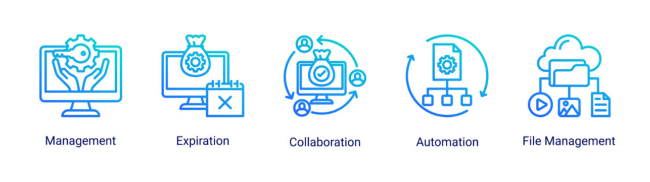 Asset Workflow icon set featuring collaboration,automation,and file organization for streamlined asset operations.
