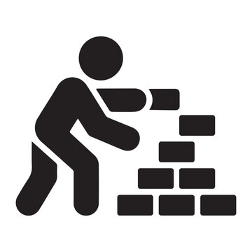 Construction worker building brick wall vector icon with bricklayer mason silhouette