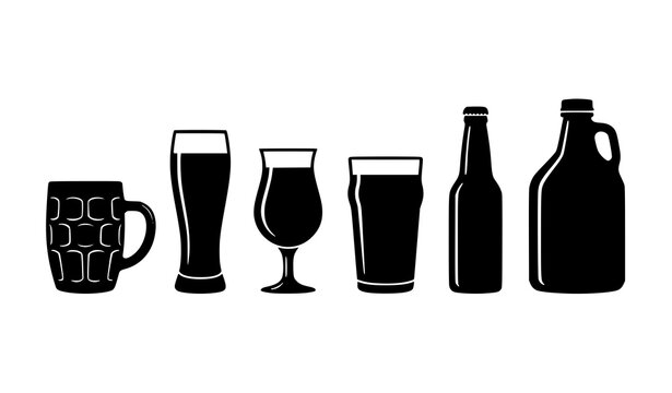 Craft beer glassware silhouette collection with pub pint glass brewery mug and bottle shapes isolated on white