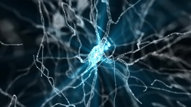 Bioluminescent neuron cell with glowing blue synapses and dendrites branching in dark background