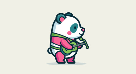 A cute cartoon panda holds green object in pink outfit standing indoors © reyro22
