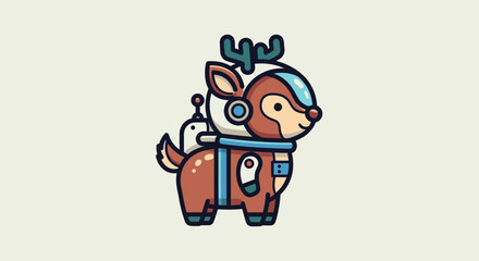A cartoon reindeer wearing headphones and a scarf stands on a plain background © reyro22