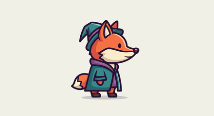 A cartoon fox wearing a green coat and hat stands on a plain surface. © reyro22