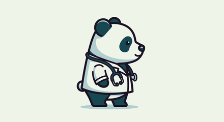 A cute panda wearing a jacket is standing alone outdoors. © reyro22
