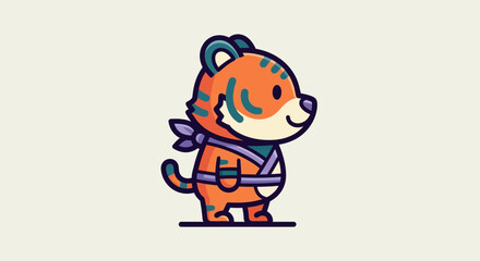A cartoon tiger character wearing a ninja costume stands on a surface. © reyro22