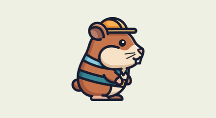A cartoon hamster wearing a hat and scarf stands on a plain background. © reyro22