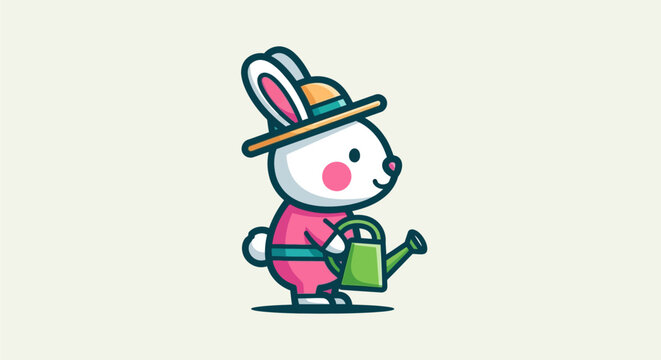 A cartoon rabbit wearing a hat waters plants with a green can.