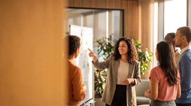 Engaging portrait of Middle Eastern businesswoman leading collaborative meeting at whiteboard, smiling confidently while colleagues listen and discuss ideas in modern office space
