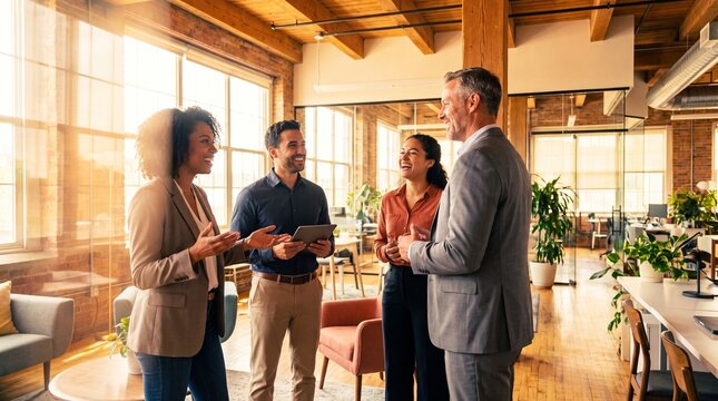 Young diverse colleagues smiling and interacting in bright modern office during casual meeting, warm atmosphere and collaborative energy visible