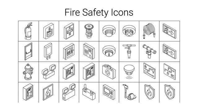 Fire safety icons set including fire extinguisher hydrant sprinkler alarm shield and more  firefighting and emergency response symbols