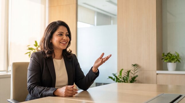 Confident South Asian businesswoman in office meeting smiling and gesturing while discussing ideas with colleagues, professional attire and warm expression conveying leadership and collaboration