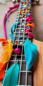 Guitar fretboard covered in colorful beads and feathers, feathers, craft