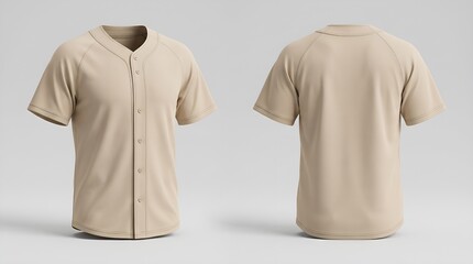 Beige baseball jersey mockup, three quarter front and back view, isolated on neutral background, for product display