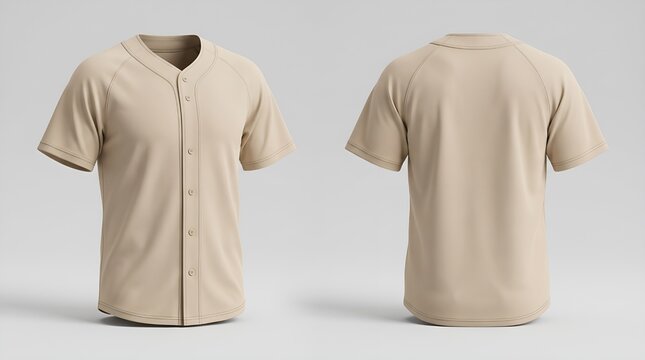 Beige baseball jersey mockup, three quarter front and back view, isolated on neutral background, for product display