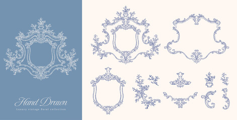 Vintage Baroque Shield Frame and Floral Ornament Vector Set, Luxury Hand Drawn Engraving Borders for Wedding Invitation, Logo, and Package Design © ruruki