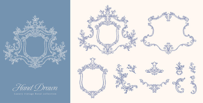 Vintage Baroque Shield Frame and Floral Ornament Vector Set, Luxury Hand Drawn Engraving Borders for Wedding Invitation, Logo, and Package Design