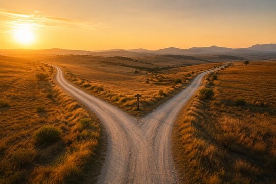 A deserted country road splitting at golden hour, captured from an aerial perspective.
