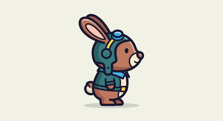 A cartoon rabbit wearing a green flight suit and goggles stands on a grey surface. © reyro22