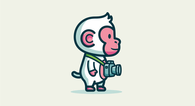 A cartoon monkey holds a camera outdoors in a natural landscape setting.
