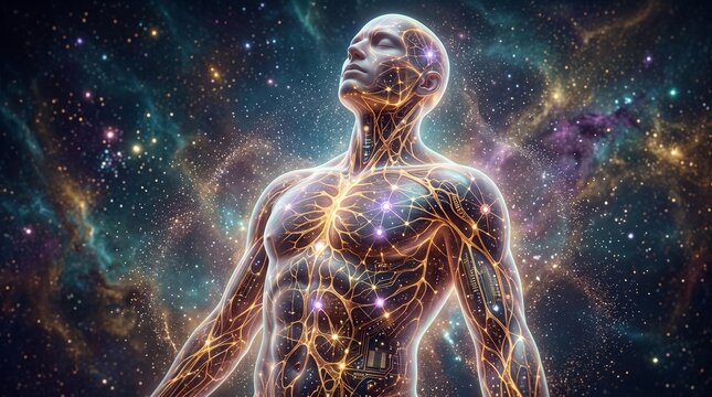 A luminous human figure with glowing internal energy pathways against a vibrant cosmic nebula background, representing universal connection and consciousness.
