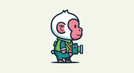 A cartoon monkey in a spacesuit holds a camera outdoors. © reyro22