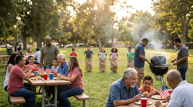 Diverse multigenerational family and friends enjoying a festive outdoor picnic celebration with barbecue and games in a sunny park setting