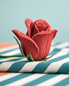 Red Flower on Striped Fabric with Water Drops and Soft Light