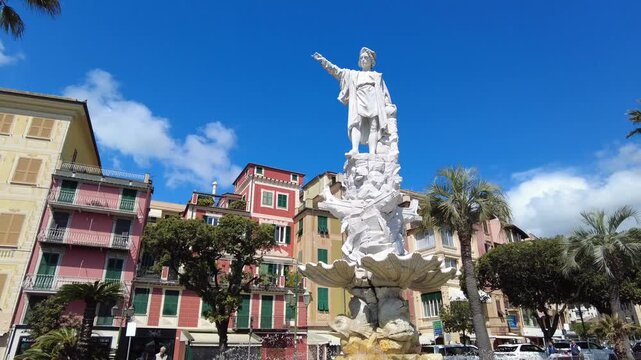 Europe, Italy , Liguria, 06,27,2026   Christopher Columbus Cristoforo Colombo statue in Santa Margherita Ligure close to Portofino is a colorfull sea village tourist attraction destination for summer 