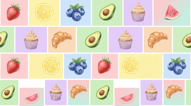 Seamless pattern with watercolor food icons of fruit avocado cupcake and croissant on pastel background