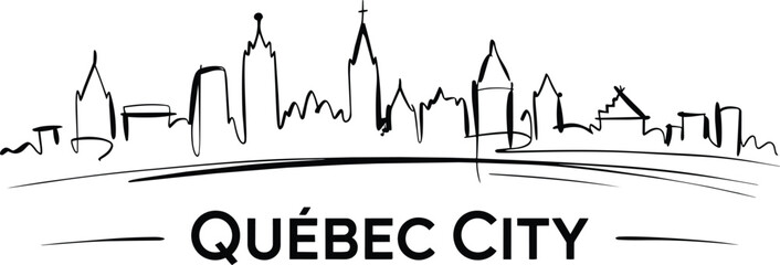 Obraz premium Quebec city skyline drawing featuring chateau frontenac silhouette, minimalist black ink line art of canadian landmarks and hand drawn and famous